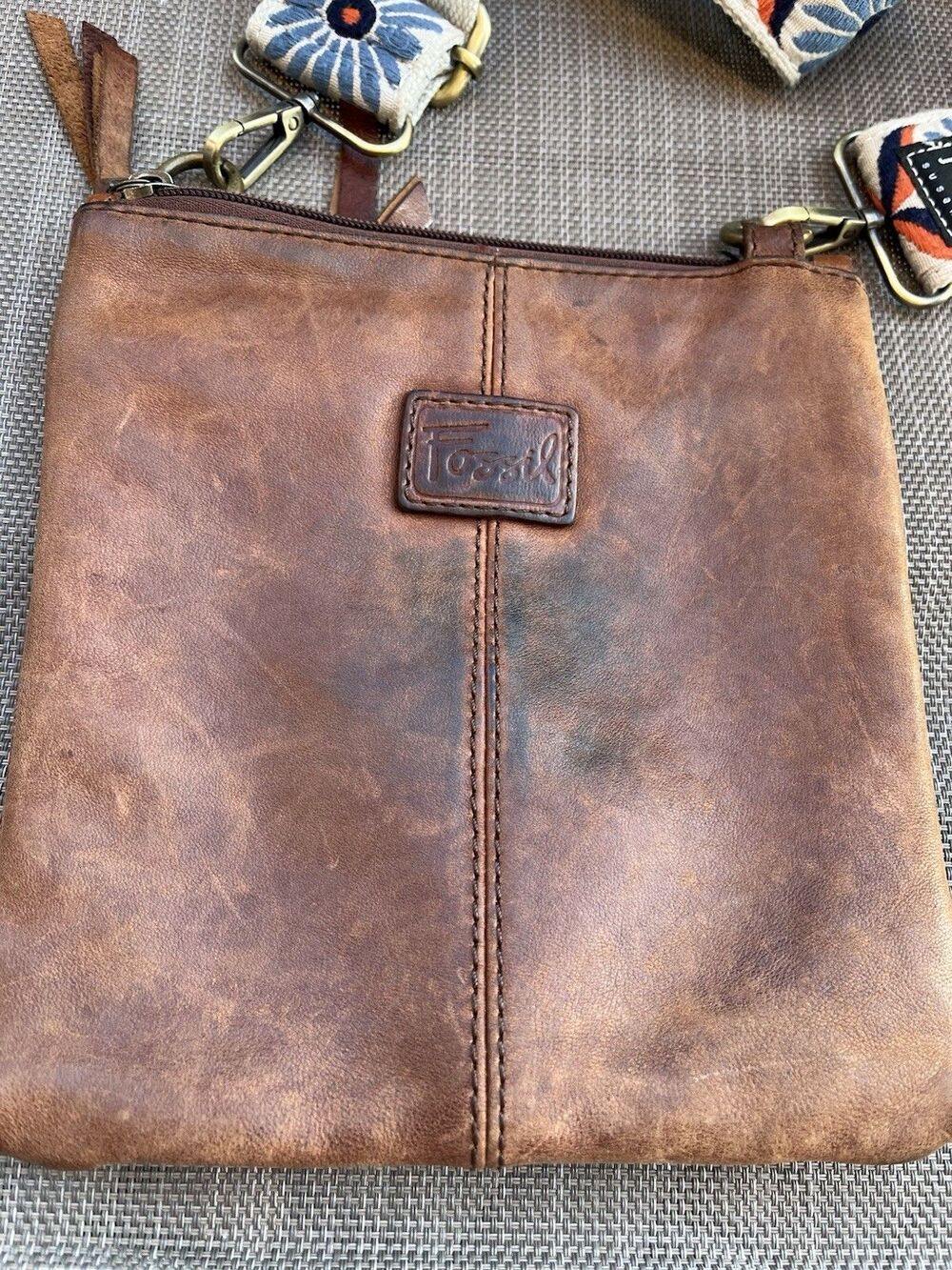 Fossil Vintage Brown Leather Crossbody Bag with Joy Susan Floral Guitar Strap